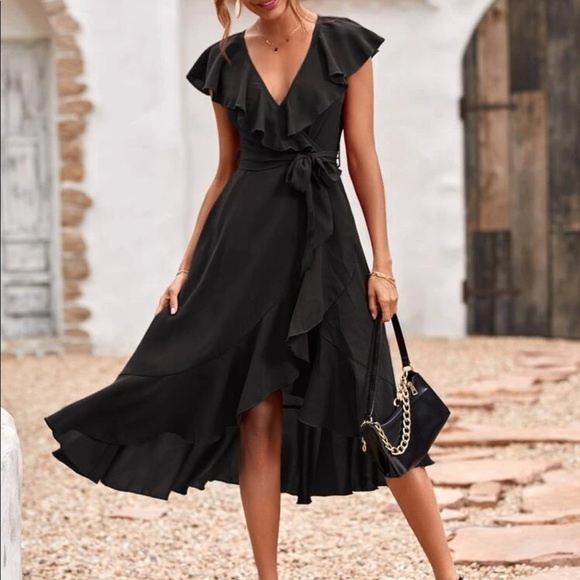 Boho burgundy butterfly sleeve blue ruffle hem belted wrap dress - Picture 15 of 16